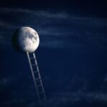 Moon in a dark sky with some clouds and a ladder placed at the edge of the moon